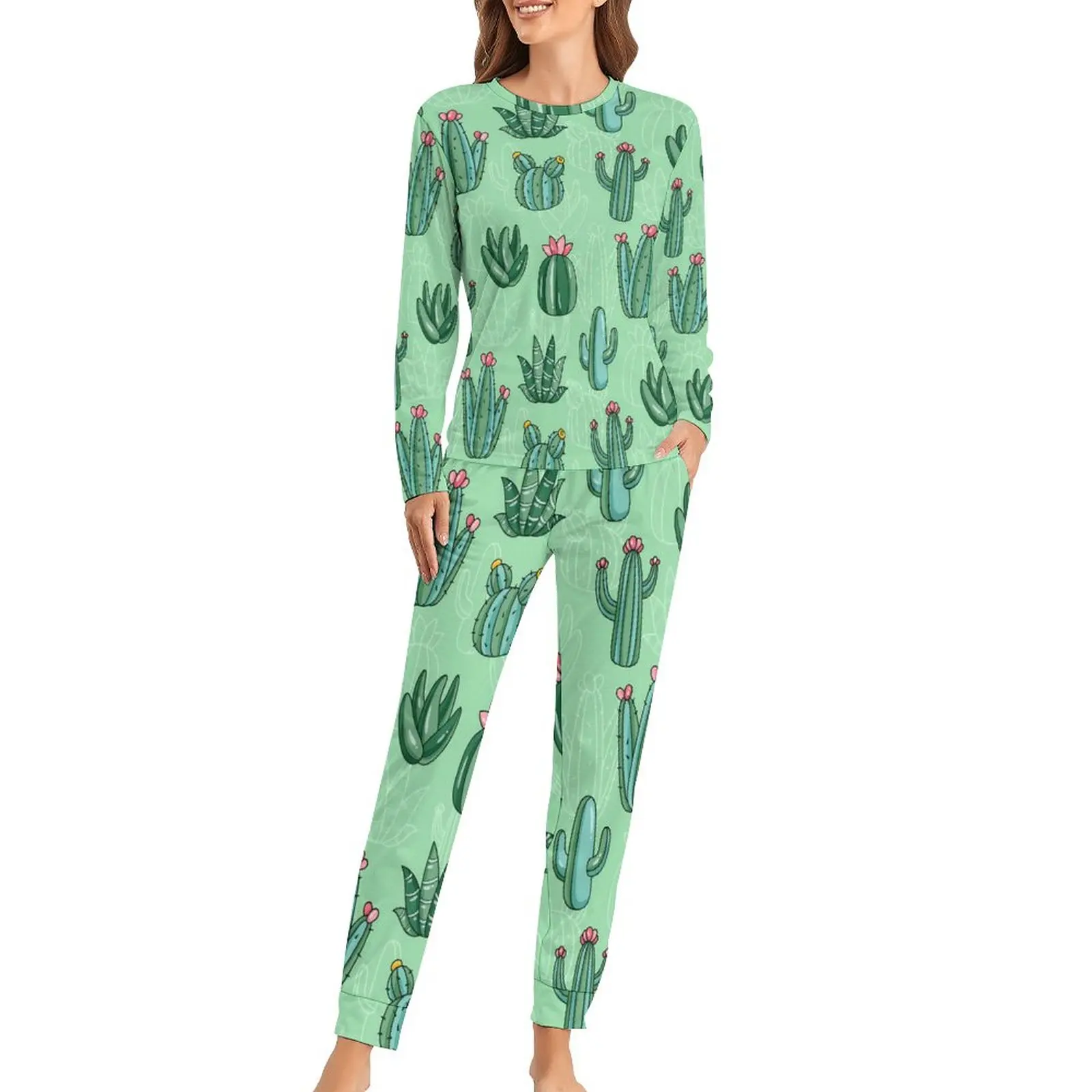 

Cute Cactus Pajamas Spring Pink Floral Print Leisure Oversized Home Suit Lady Long Sleeve Design Kawaii Pajama Set