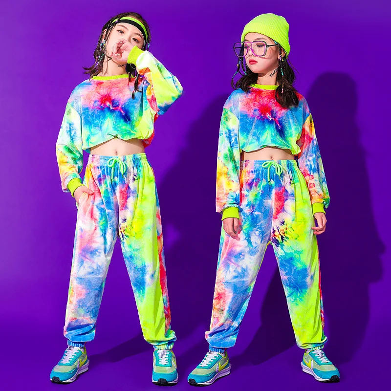 

Kid Kpop Hip Hop Clothing Tie Dye Crop Top Long Sleeve T Shirt Streetwear Jogger Sweat Pants for Girl Jazz Dance Costume Clothes