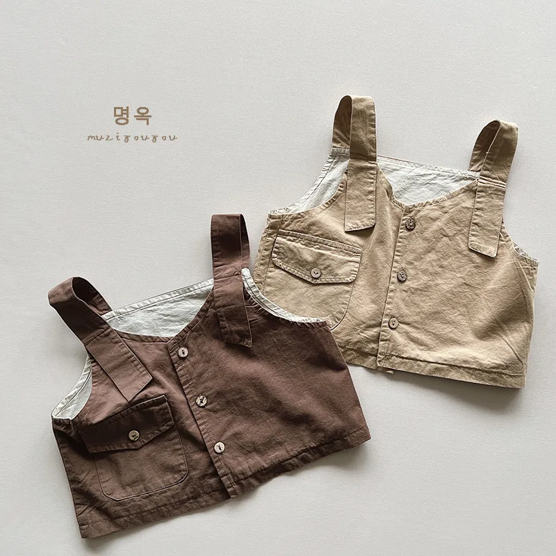 

2022 Autumn Girl Baby Pocket Cardigan Suspenders Vest Children Boy Cotton Sleeveless Tops Coats Kid Pure Color Fashion Waistcoat
