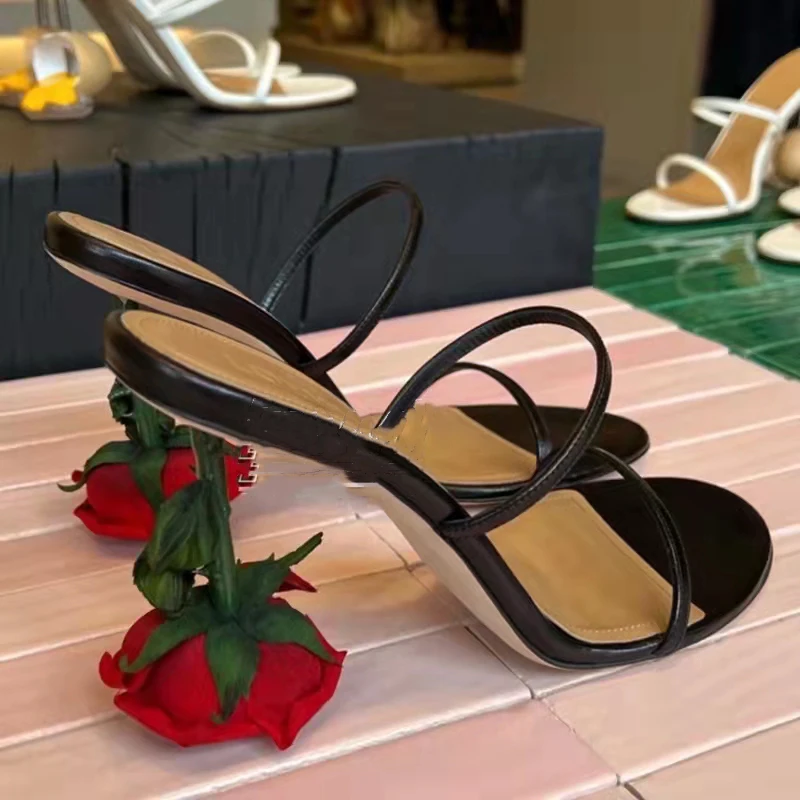 

Summer Women Slippers Rose Heel Sandals Leather Open Toe Female High Heels Round Shaped Toe Ladies Shoes Party Fairy Pumps