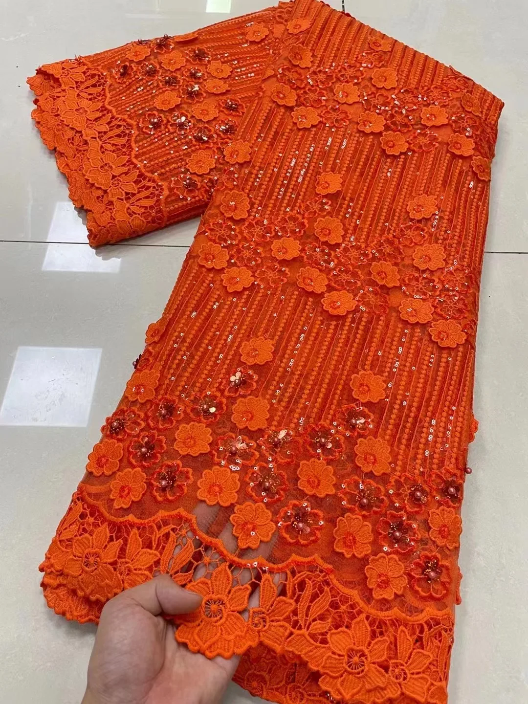 Orange African Net Lace 2023  High Quality Lace With Sequins French Tulle Lace 5Yard Nigerian Lace Fabric For Wedding Dress