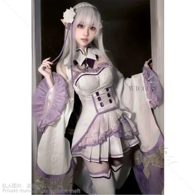 Фото Аниме Re Zero Kara Hajimeru Isekai Seikatsu Emilia костюмы для косплея женское платье с головным убором для вечеринки на Хэллоуин Lolita Cosx; 8 №1