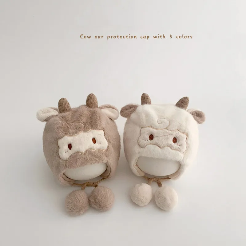 

Autumn Winter Plush Thick Warm Hats for Baby Cartoon Cow 3D Ears Caps with Pompoms Windproof Rope Newborn Infant Hats