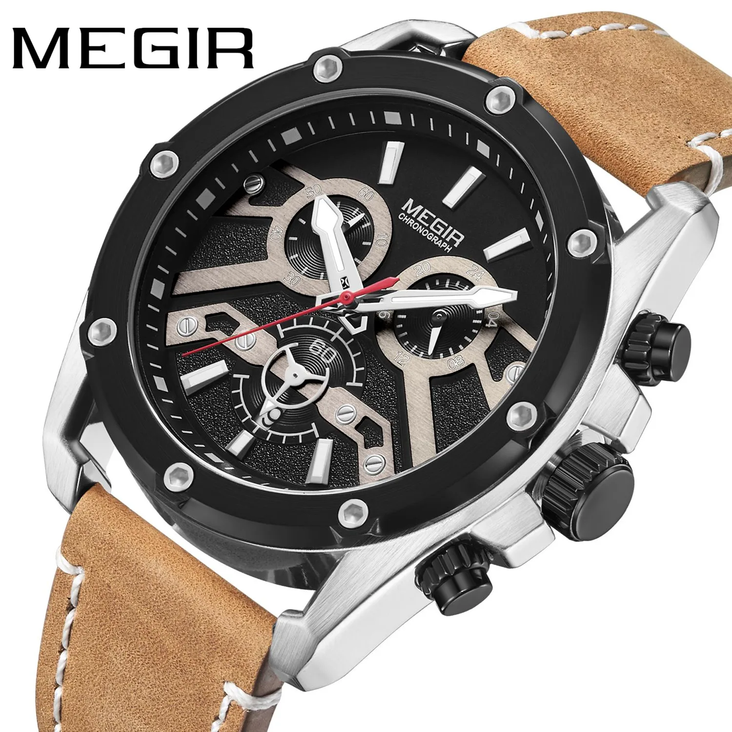 

MEGIR роскошные часы для мужчин, военные спортивные часы, кожаные кварцевые повседневные мужские наручные часы с хронографом, водонепроницаемые часы с датой 2120