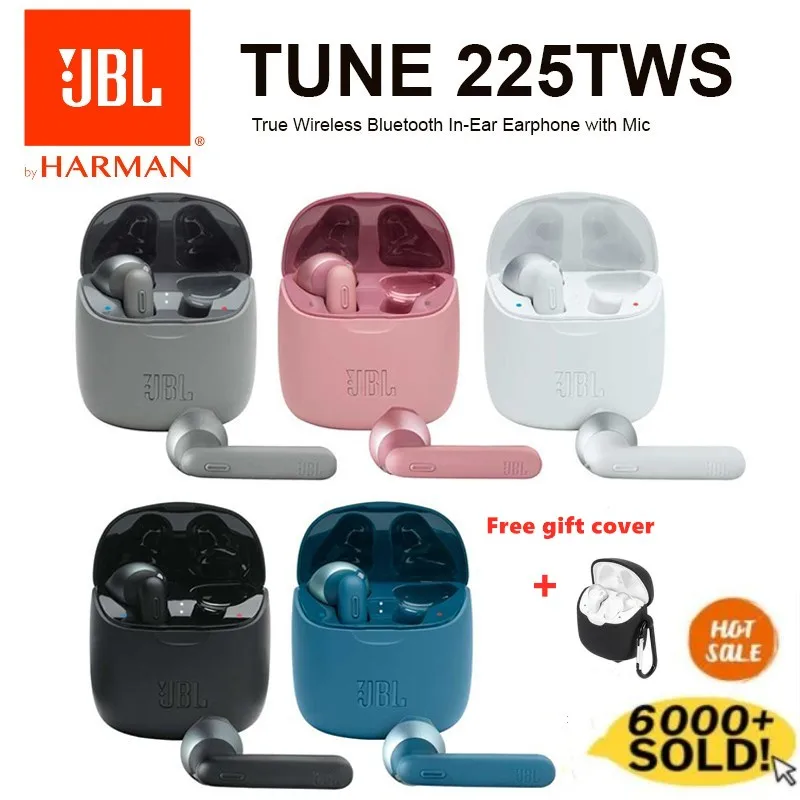 100% Оригинальные JBL TUNE 225TWS беспроводные Bluetooth-наушники; Водонепроницаемые стереонаушники; Басовый звук; T225 TWS гарнитура с бесплатным чехлом
