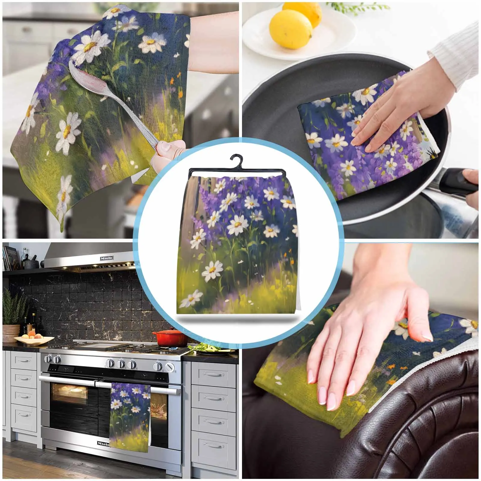 Картина маслом фиолетовая лаванда Маргаритка садовые пчелы полотенце для рук