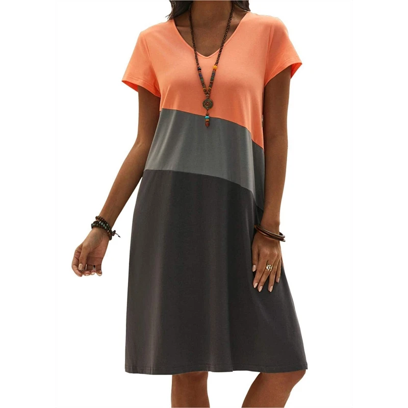 

Женское летнее платье-футболка с коротким рукавом и V-образным вырезом