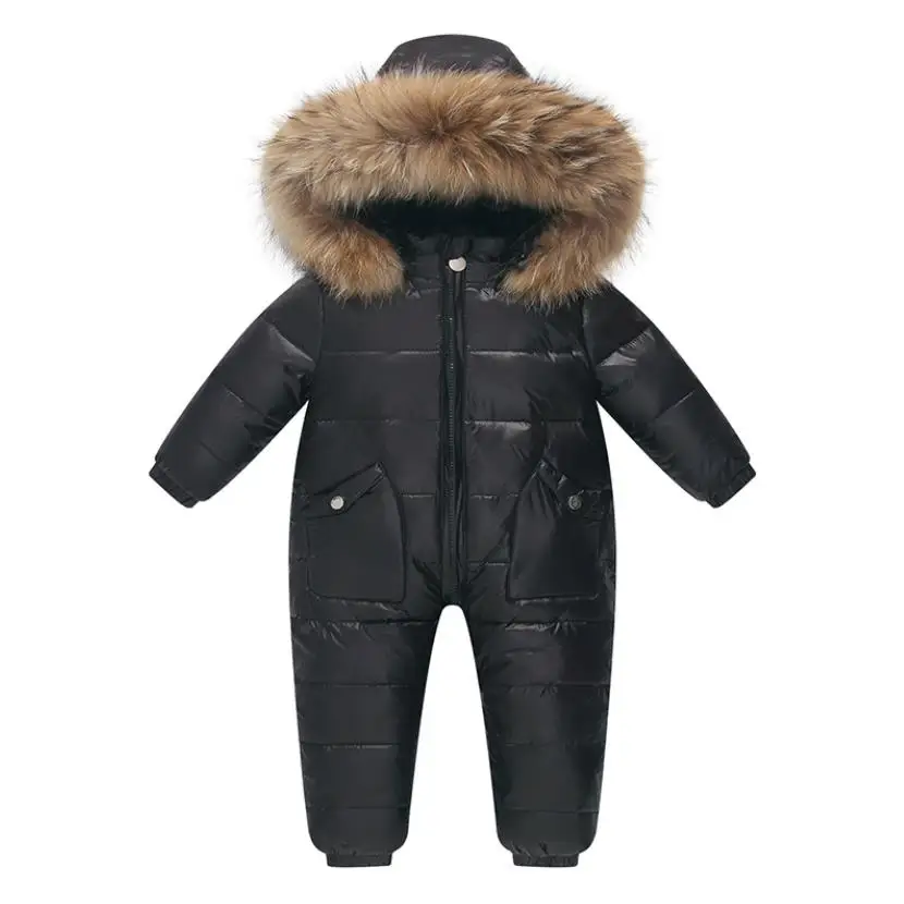 -30℃ Winter Warm Snowsuit 90% White Duck Down Jacket For Boys Girls Real Fur Collar Infant Romper Kid Jumpsuit 2~6Y Parka A1882