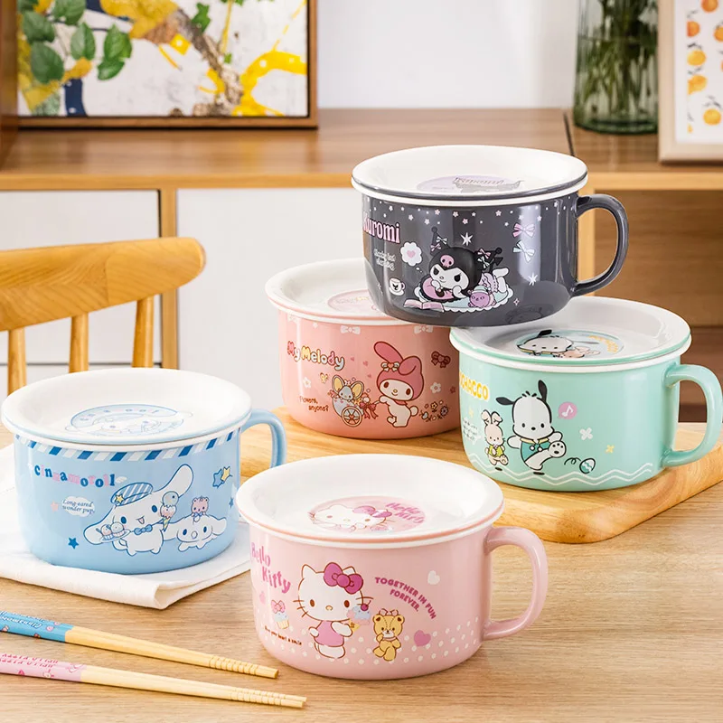 

Sanrio Kawaii Kuromi Ceramics Noodle Bowl with Lid for Students Cartoon Anime Hello Kitty Melody Pochacco Cinnamoroll Lunch Bowl