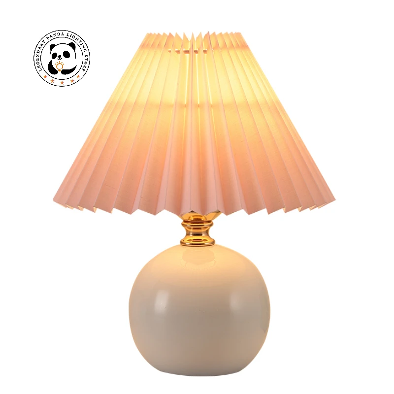 

Korean Pleated Art Table Lamps LED Ceramicrattan Desk Lights Living Room Home Bedroom Decor Vintage Warm Household Bedside Lamps
