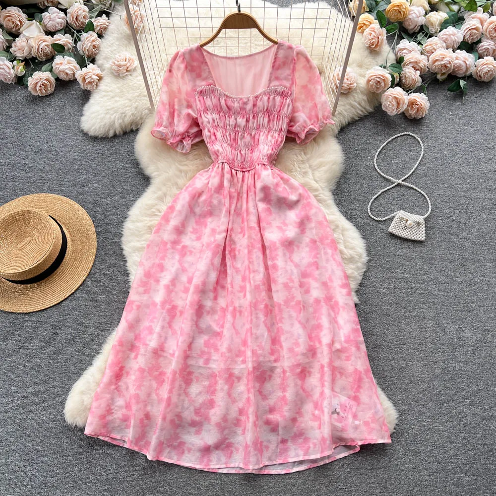 

French Mesh Elastic Waist Fold Flower Short Sleeve A-line Dress Women's Summer New Fashion Square Neck Clothes Vestidos K614