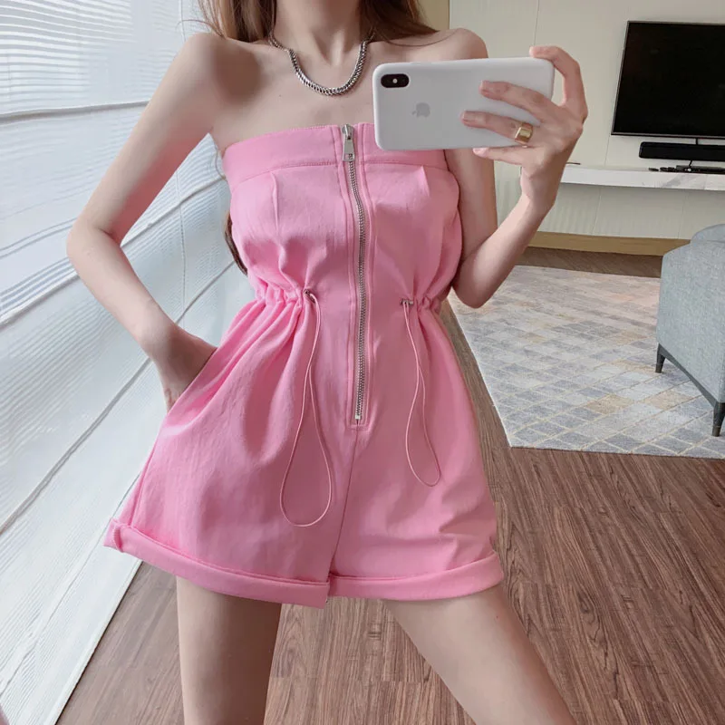 

High Waist Slim Slimming A-line Zipper Wide-leg Tube Top One-piece Culottes Front Zipper Elastic Waist Rompers Woman Clothes