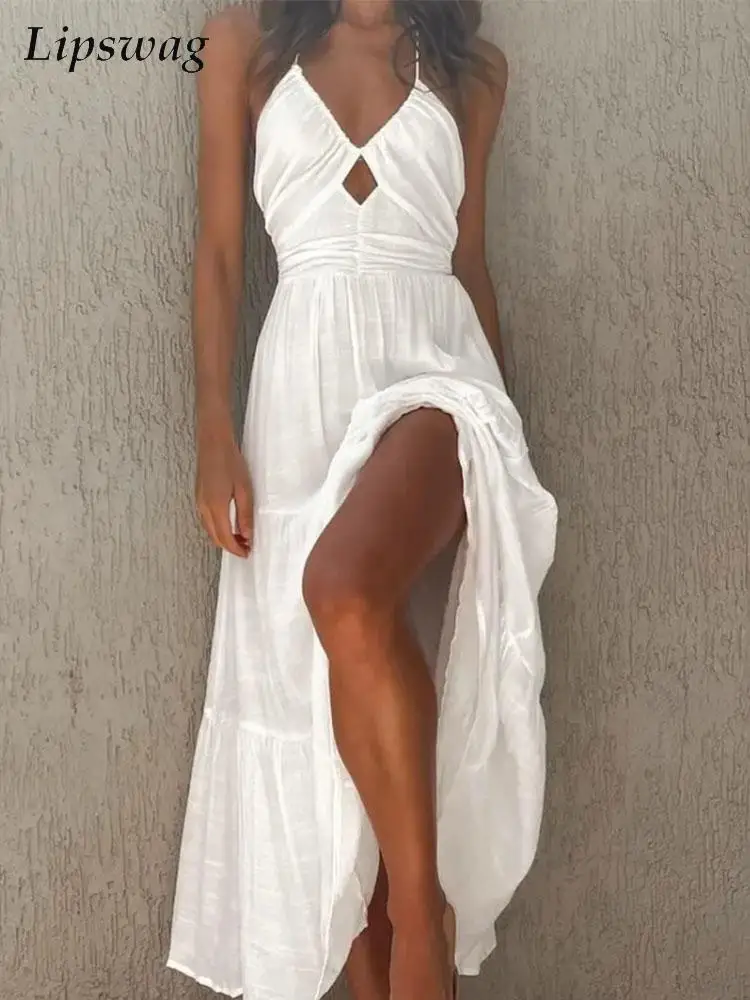 

Женское пляжное платье на бретельках, Элегантное летнее длинное платье с V-образным вырезом, облегающее Хлопковое платье с вырезами и откры...