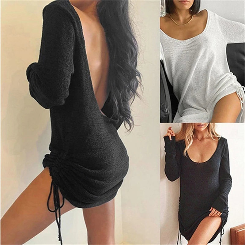 

2022 New Autumn Ladies Sweater Dress Sexy U-Neck Halter Drawstring Solid Color High Quality Comfortable Sweater Dress