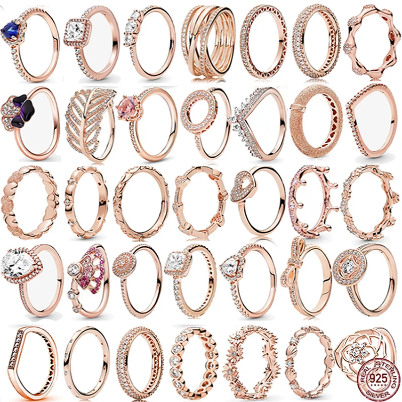 

2023 New Rose Gold Charming Ring in Various Styles 925 Sterling Silver Petal Heart Vintage Crown Ring Women's Jewelry Gift