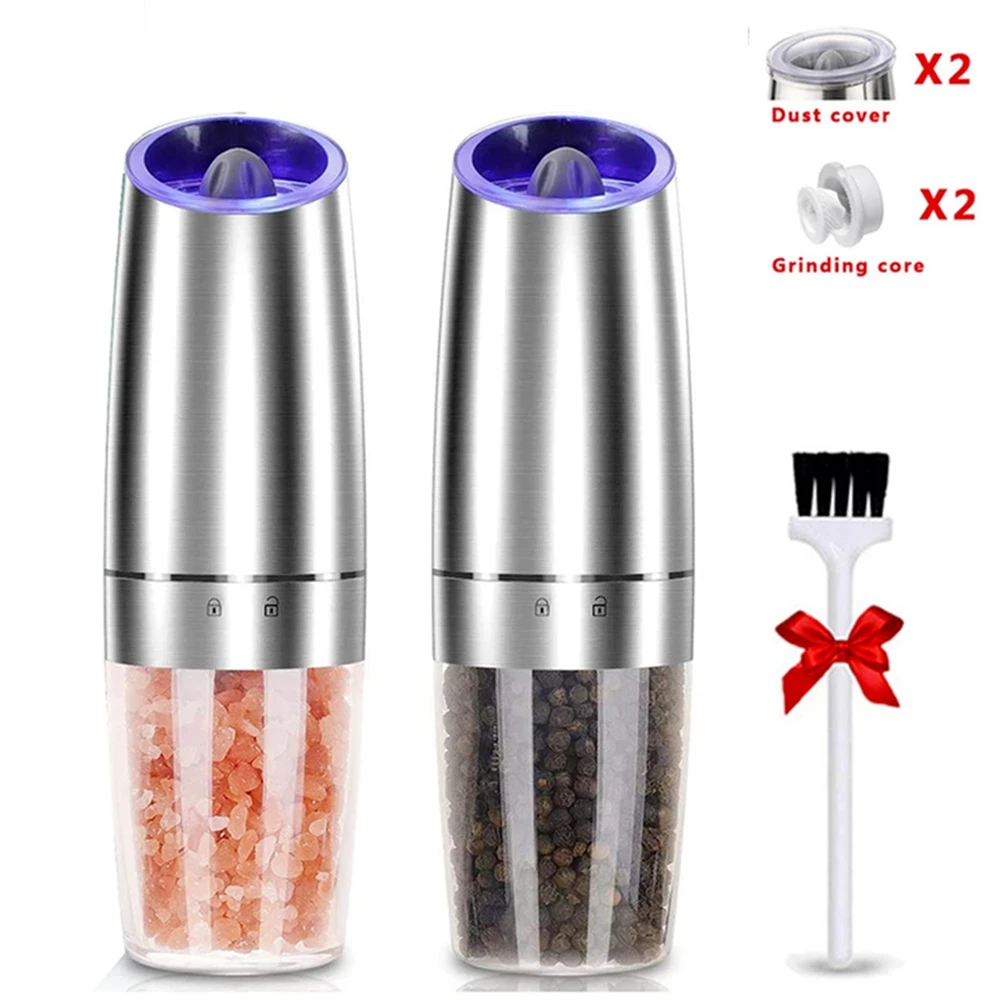 

Stainless Steel Pepper Mill Electric Gravity Salt and Pepper Grinder Shaker Automatic Kitchen Tools Spice Mills with LED Light