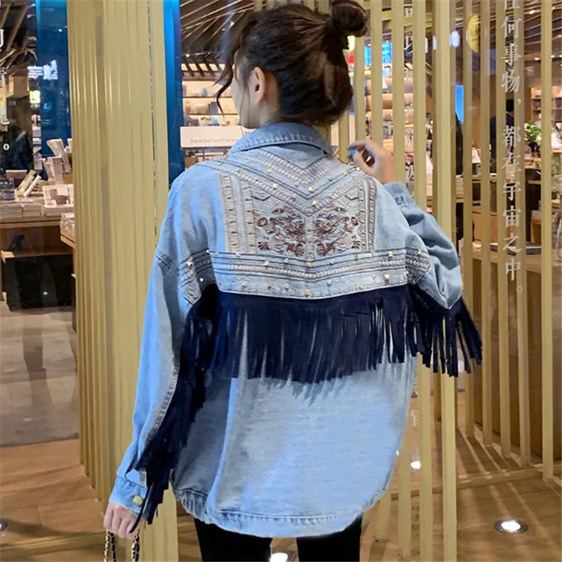 

Bohe Rivet Embroidery Tassel Denim Jacket Coat Women Loose Casual Vintage Blue Cowboy Outerwear Big Pocket Jeans Jacket Female