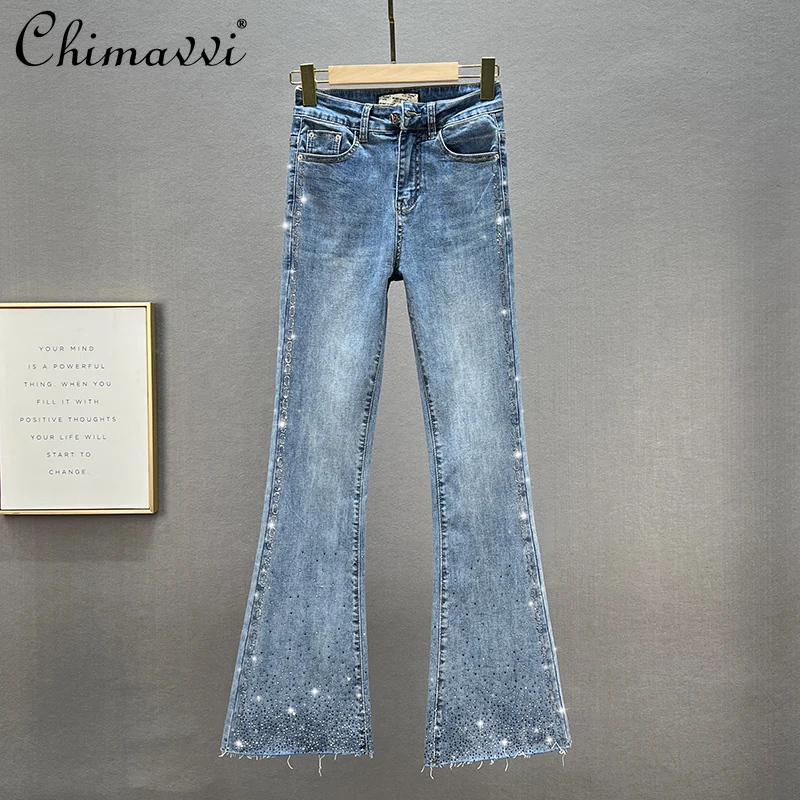

European Style Jeans for Women Bell-Bottom Pants 2022 Spring New High Waist Slim Fit Heavy Hot Drilling Stretch Bootcut Trousers