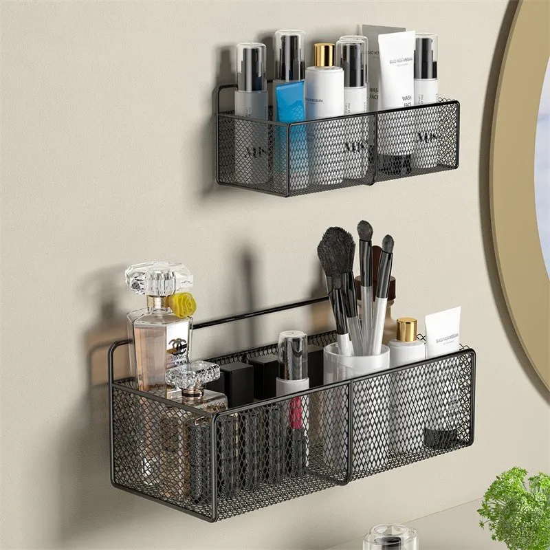 

Black Wall-mounted Bathroom Shelf Shower Shampoo Rack Toilet Accessories Kitchen Free Punch Condiment Storage Basket