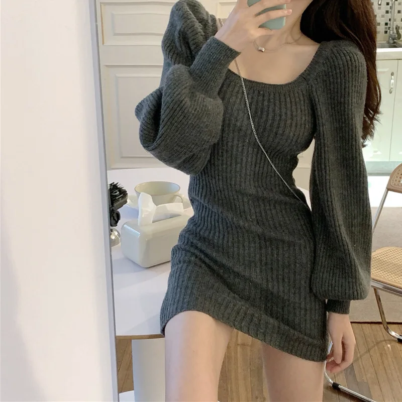 Spicy Girl Wearing Women's Square Neck Sweater Dress Autumn Winter New Pure Desire Wind Bag Hip Skirt Short