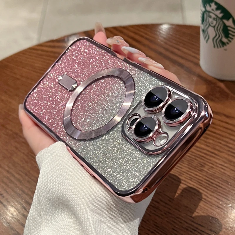 

Luxury Electroplate Magsafe Wireless Charge Phone Case For iPhone 14 13 12 11 Pro Max Plus Soft Bumper Glitter Cover