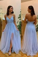 light blue split prom dresses long 2022 luxury applique lace imported evening gowns spaghetti strap robes de soir%c3%a9e