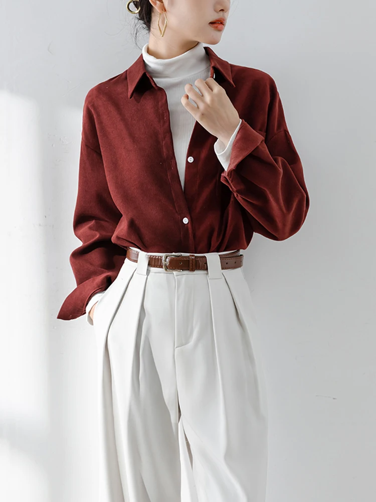 Вельветовая рубашка в стиле ретро женская однобортная блузка с отложным