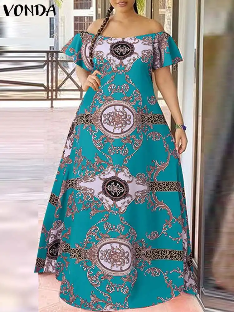 

VONDA Elegant Vintage Off Shoulder Maxi Dress Women Sexy Printed Bohemian Summer Sundress Loose Short Sleeve Holiday Vestidos