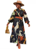 fashion casual lantern sleeve shirt dress women print single breasted swing long dress spring autumn african clothes and belt