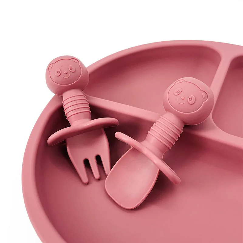 2pcs/set Food Grade Silicone Mini Fork Spoon for Baby Animal Print Utensils Set Feeding Spoon Learn To Eat Children's Tableware