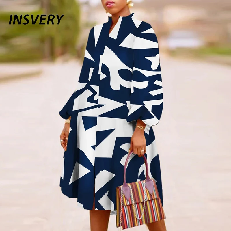 

Осеннее платье с длинным рукавом, женские повседневные винтажные платья миди с принтом и V-образным вырезом для женщин, модное вечернее плат...