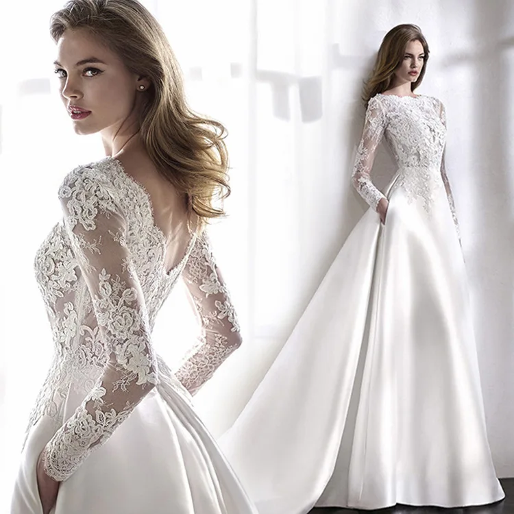 

VENSANAC Illusion Boat Neck A Line Sweep Train Wedding Dresses Lace Appliques Long Sleeve Backless Bridal Gowns