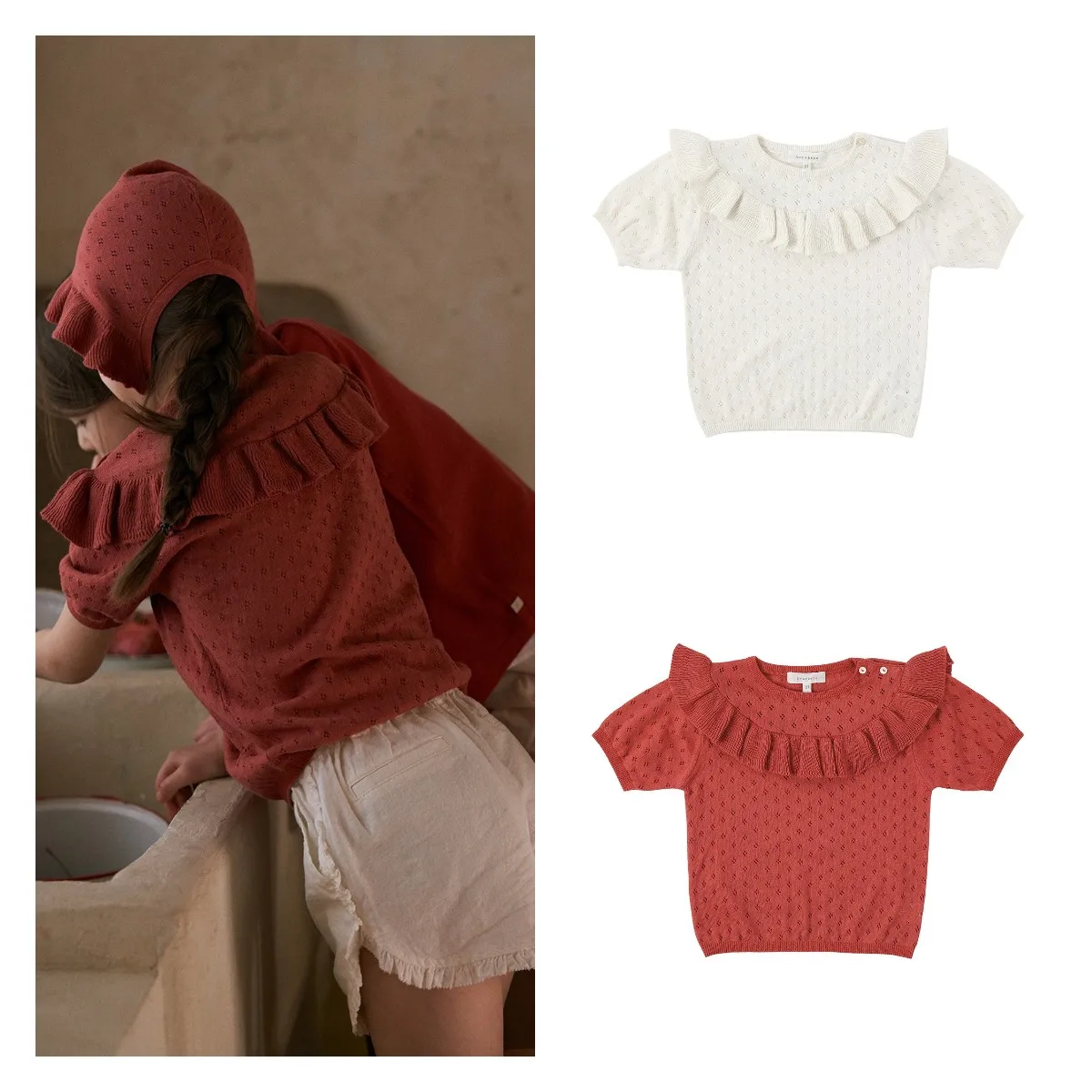 

Children' EYELET FRILL KNIT T Hot Style 22 Summer New BENE Boys and Girls Baby Knitted Hollow Ruffled Short-sleeved T-shirt