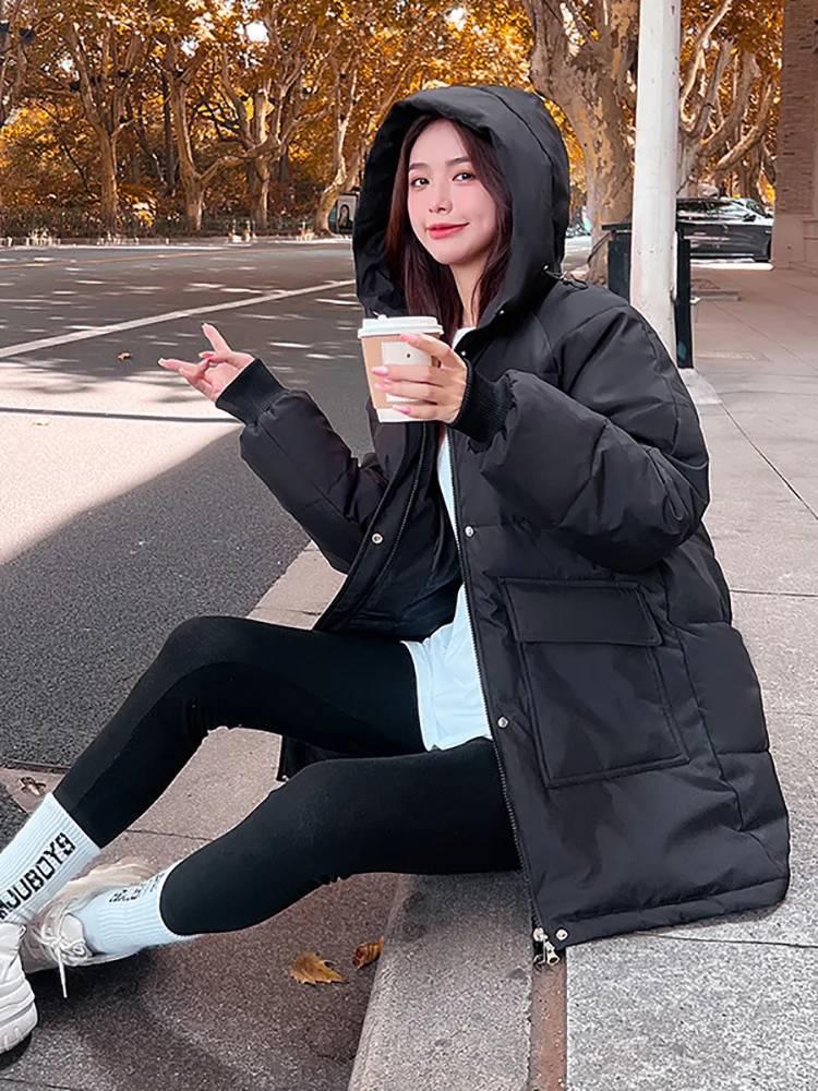 Autumn Winter Thicken Warm Medium Long Chic Parka Women Casual Sweety Solid Color Big Pocket Loose Hooded Coat Jackets Outwear