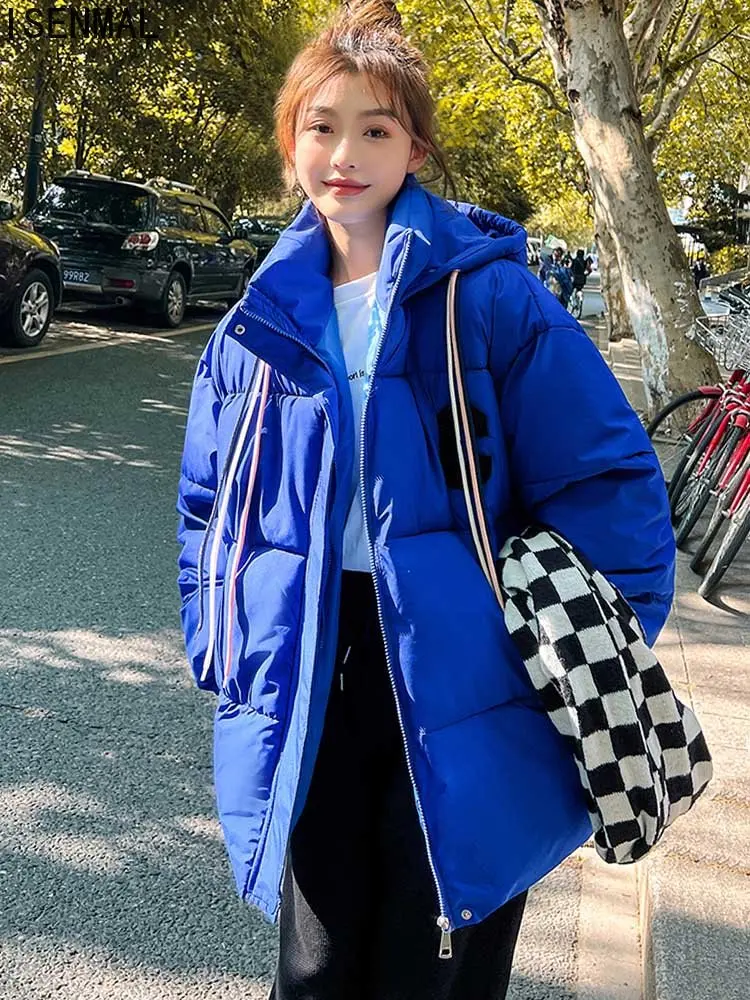 

2022 New Design Women Winter Oversize Coat Warm Thicken Students Fashion Solid Middle Long Parka Hooded Loose