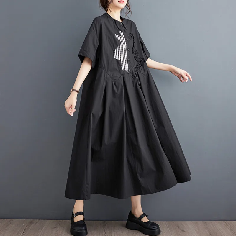 

#3874 Summer Black Long Shirt Dress Women Short Sleeve Buttons Loose Asymmetrical Vintage Shirt Dress Female Split Joint Ruffles