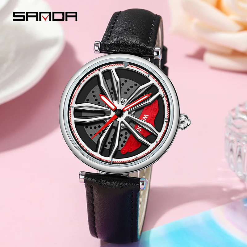 SANDA Outdoor Sports Women Quartz Watches 2023 New Racing Watch 360° Rotating Dial 30M Waterproof Genuine Leather Strap Women