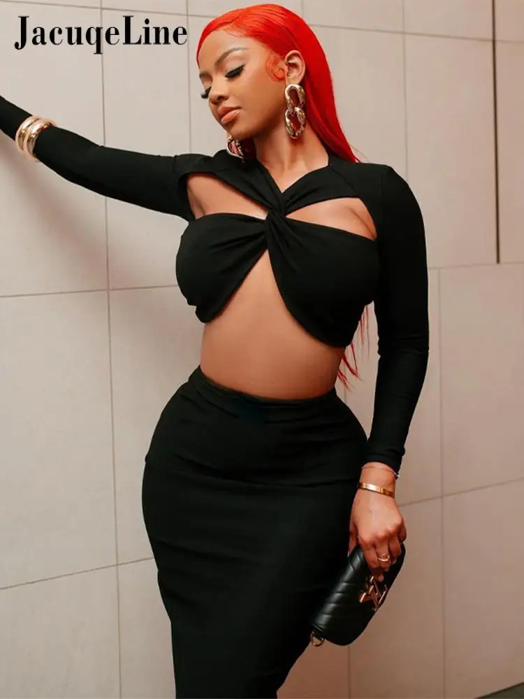 

Жаккельная юбка с длинным рукавом, юбка с разрезом, комплект из 2 предметов, Соблазнительные Черные длинные юбки, комплекты, Женская Клубная ...