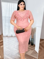 pink lace dresses elegant women office birthday party evening cocktail outfit short sleeve vintage midi length dress summer 2022