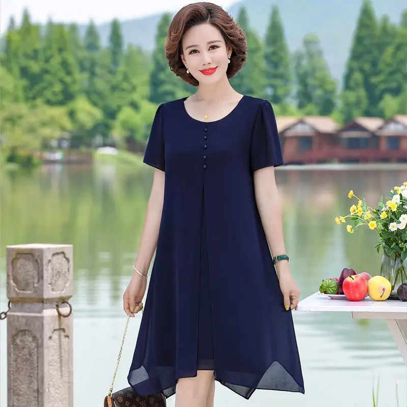 

Женское шифоновое платье с коротким рукавом, круглым вырезом, средней длины