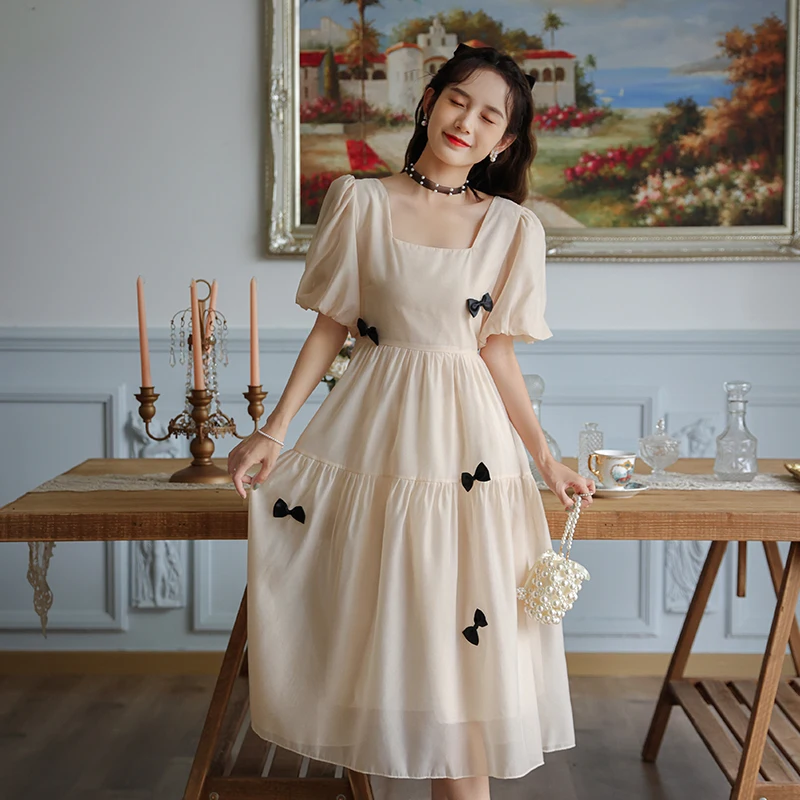 

Sweet French Style Retro Mesh Women's Dress Square Collar Elegant Summer Gentle Vestidos 2022 Bow Femme Princess Fairy Dresses
