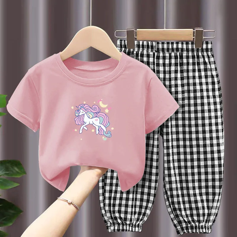 

Fashion Kids Girls Clothing Sets 2022 Short Sleeve T-shirts + Plaid Pants Girl Clothes Cotton Summer Children Outfits