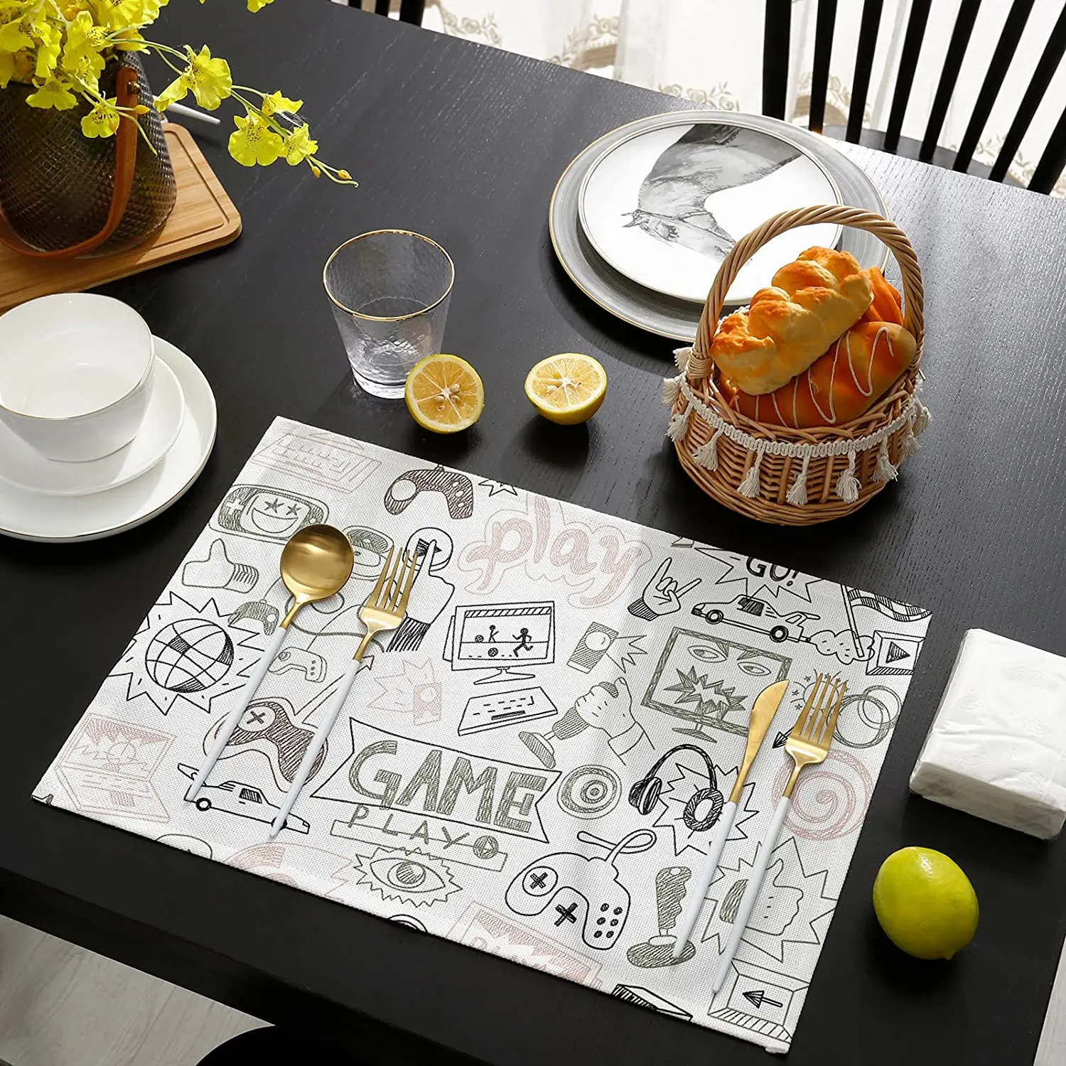 

Placemats for Dining Table Keyboard Modern Handheld Game Boys Computer Game Place Mat Washable Durable Kitchen Home Decor