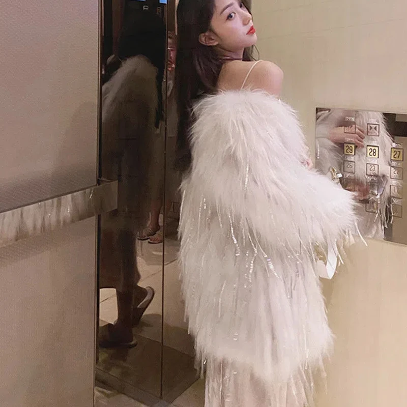 2022 Fashion Tassel Dequins Fox Fur Coat Women Winter Warm Luxury Fur Jacket Plus Size Outwear Female Elegant Party