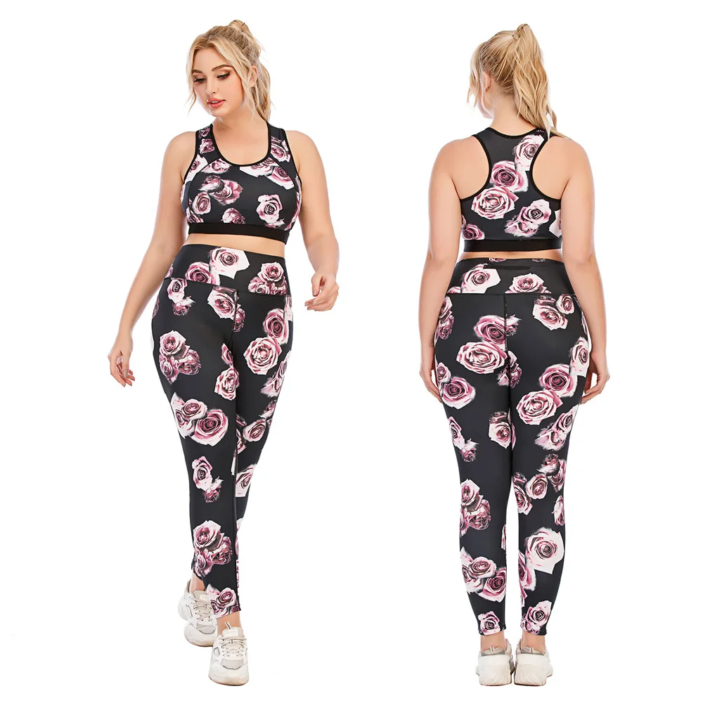 

Plus Size Rose Flora Sport Bra For Chubby Woman Tights Leggings Large Gym Pants High Waist Big Yoga Top Jogging Summer Clothes
