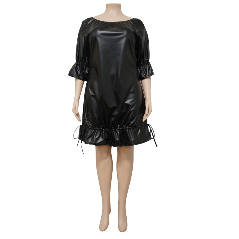 Plus Size Pu Leather Women Ruffles Casual Dress Big Size Round Neck Short Sleeves Black Party Dresses 3xl 4xl 5xl 6xl
