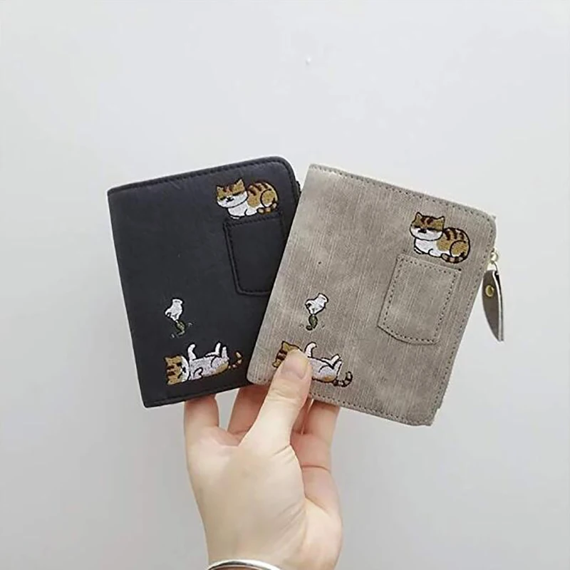 

2021 Women Purse Cat Flowers Pattern Hasp Short Wallet Women's Cute Animals Embroidery Short Wallet Card Holder Billfold Purse