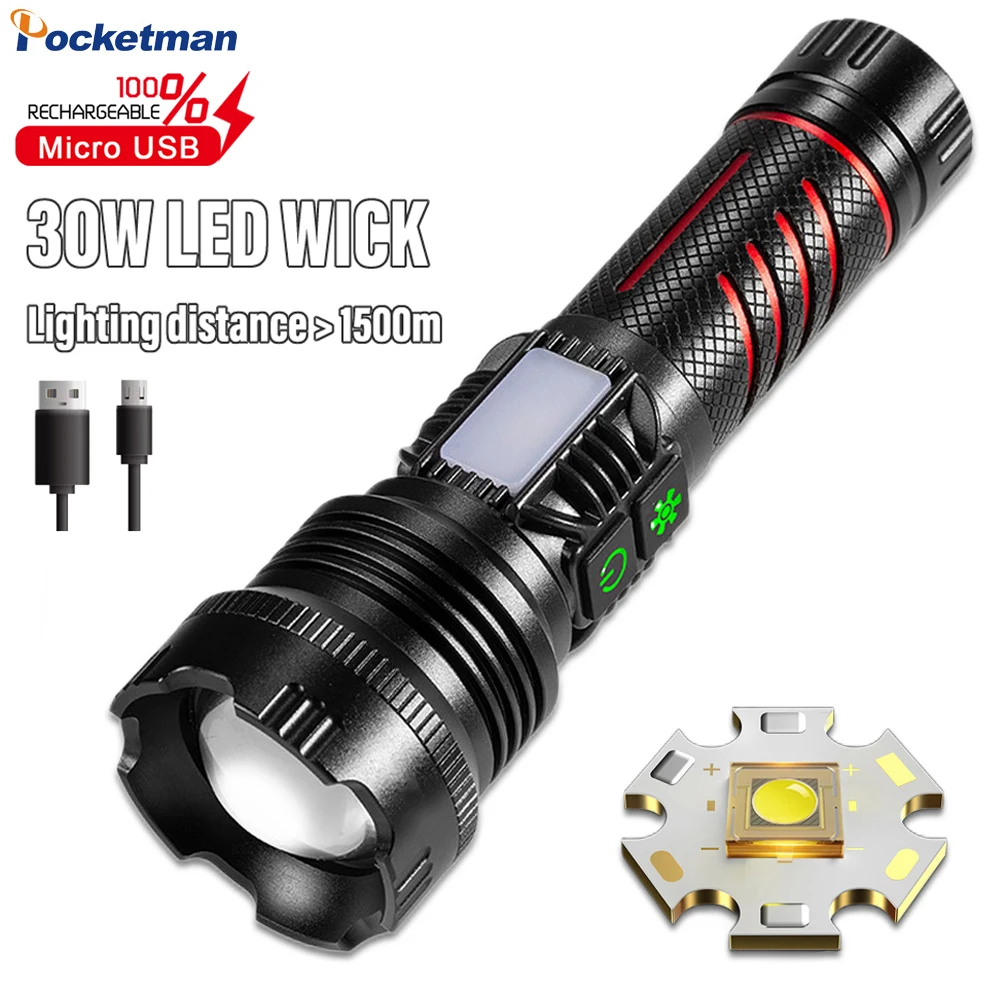 

High Power LED Flashlight Torch with 30W Wick and Double Side Lights Lighting Distance 1500M Waterproof Tactical Hunting Lights