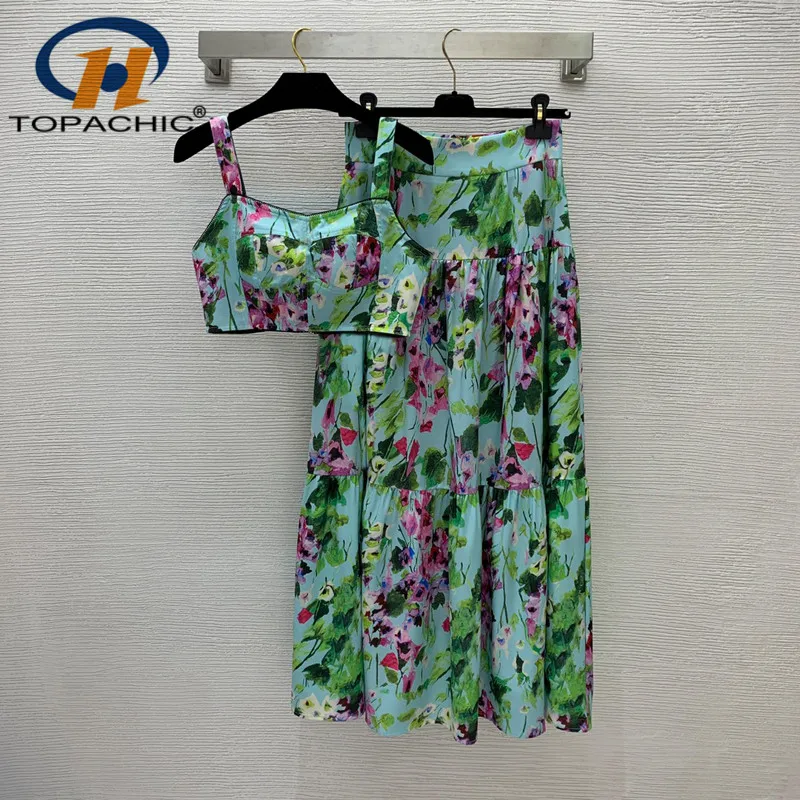 

5.21 High Quality Holiday Beach Style Floral Print Spaghetti Strap Tank Top + High Waist Long Skirt 2 Piece Set Women