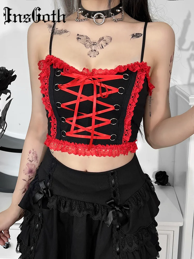

InsGoth Sexy Summer y2k Fairy Grunge Crop Top Women Lace Up Bat Eyelet Top Tanks Aesthetic Vintage Emo Bra Grunge Clothes